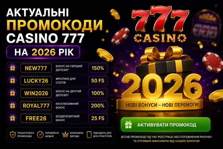 Актуальний промокод казино 777 на 2026 рік — отримайте бонус за кодом